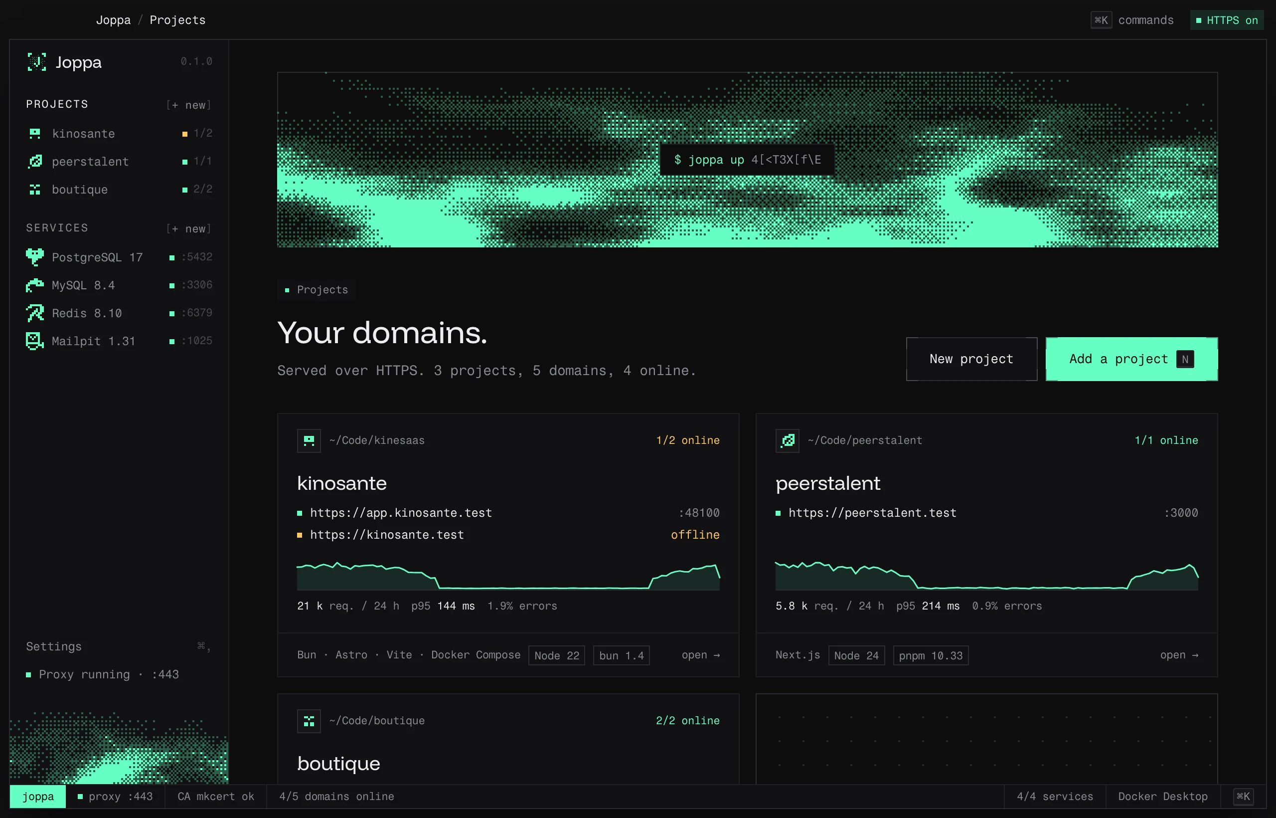 Joppa's home screen: three projects, their HTTPS domains, their state and the last 24 hours of traffic