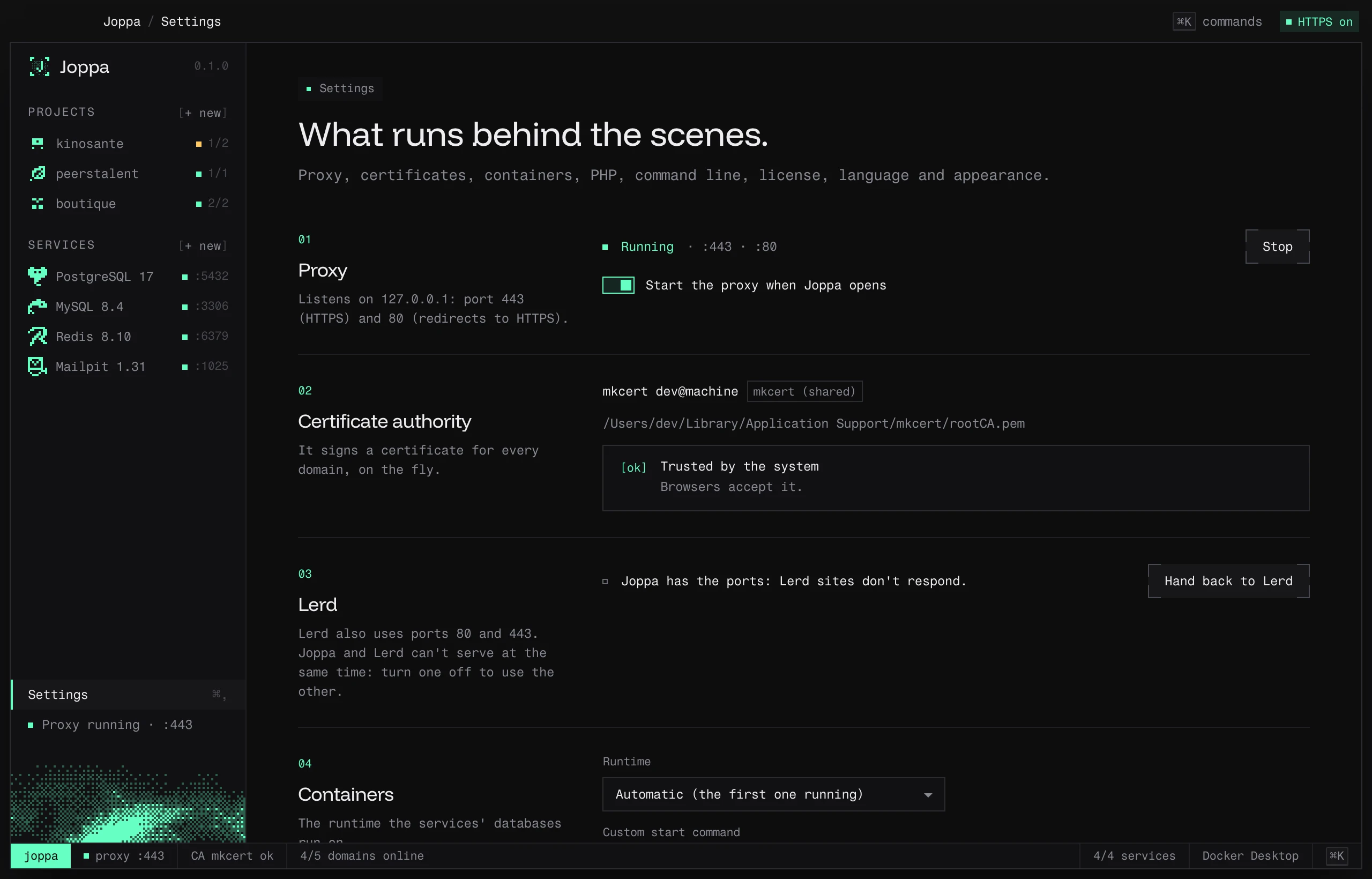Joppa’s Settings: proxy, certificate authority, Lerd, containers…