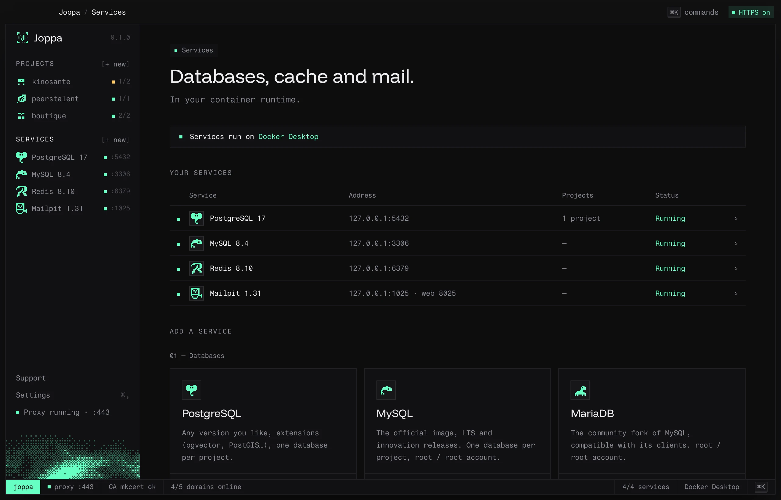 The Services page: your running services and the catalog