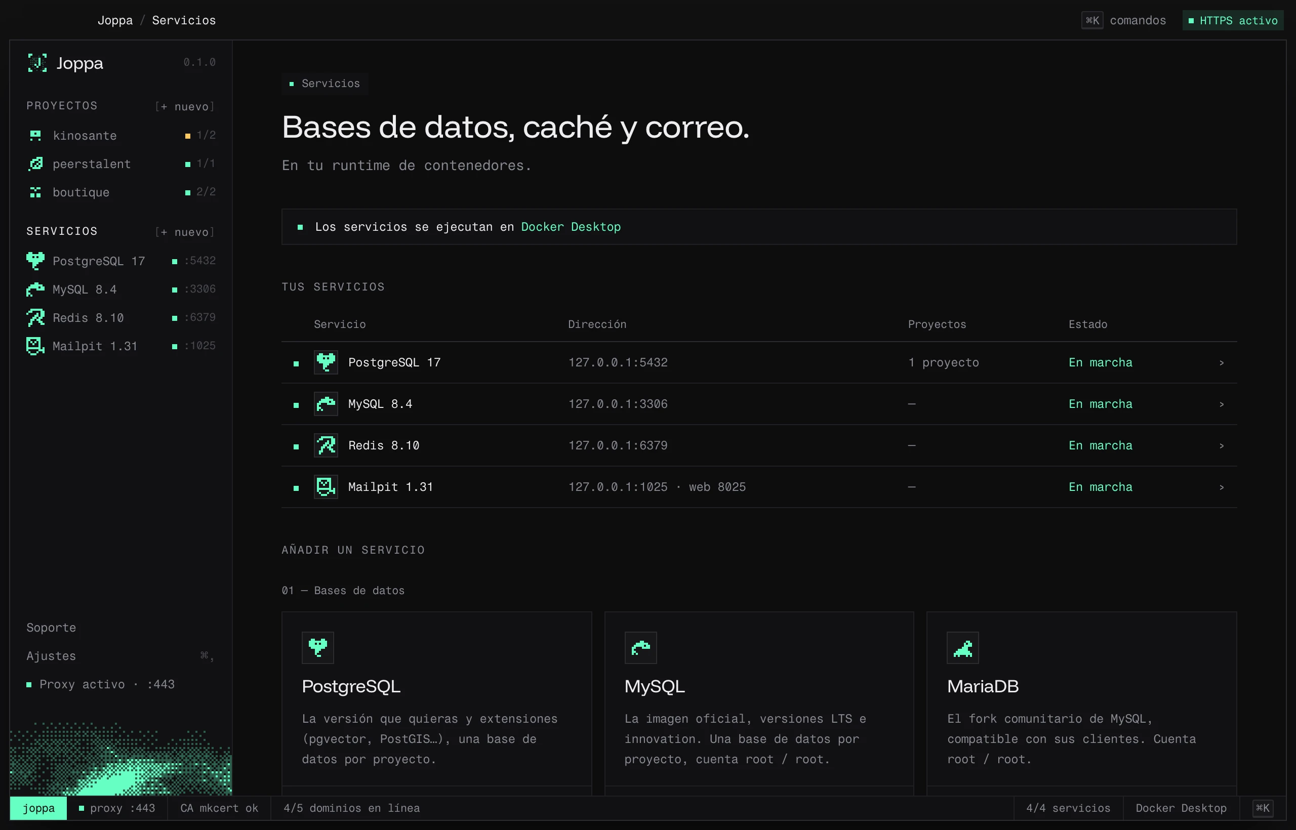 La página Servicios: tus servicios en marcha y el catálogo