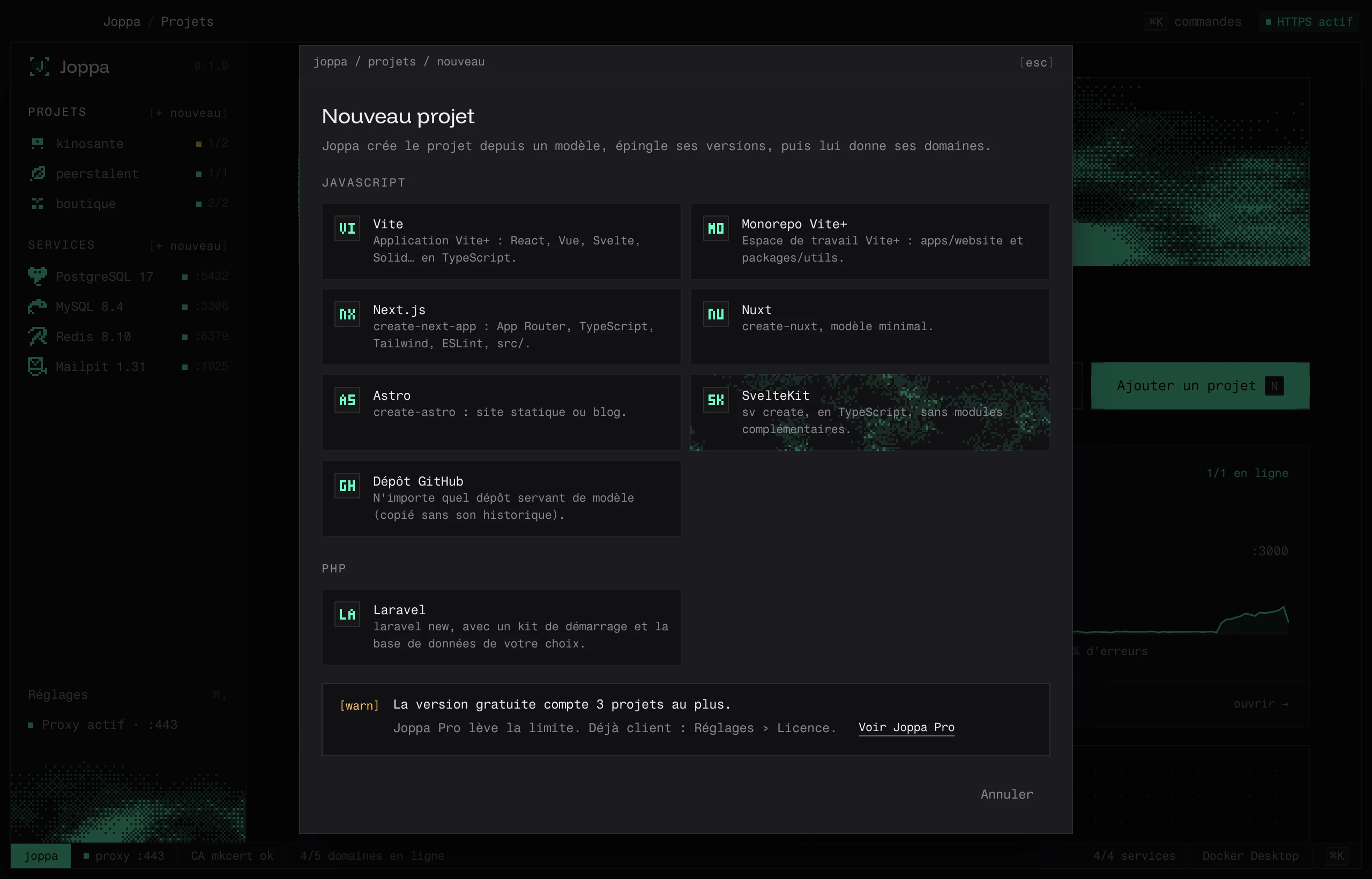 La fenêtre Nouveau projet et ses modèles JavaScript et PHP