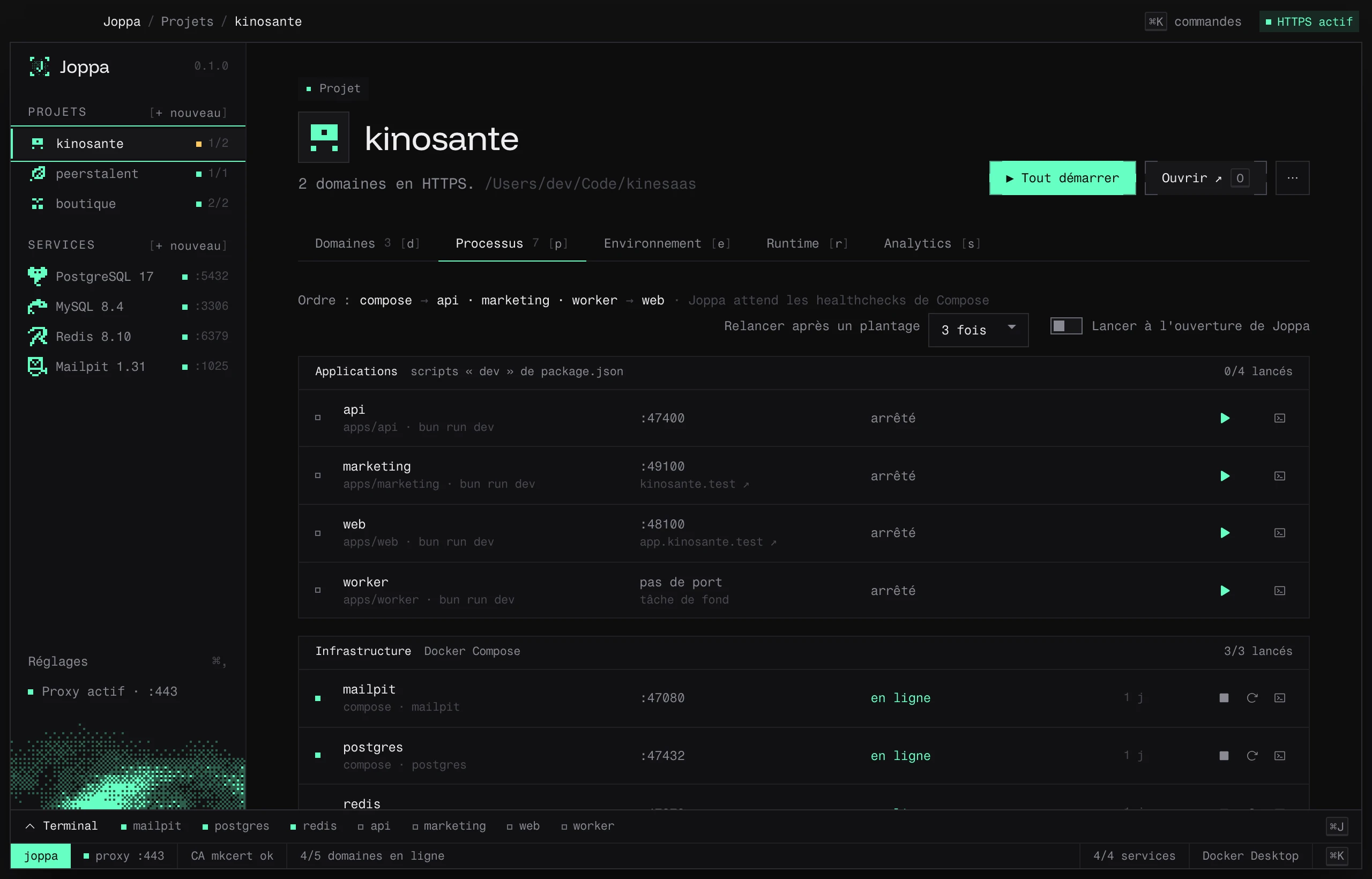 L’onglet Processus : les applications et l’infrastructure Docker Compose, avec leur port et leur état