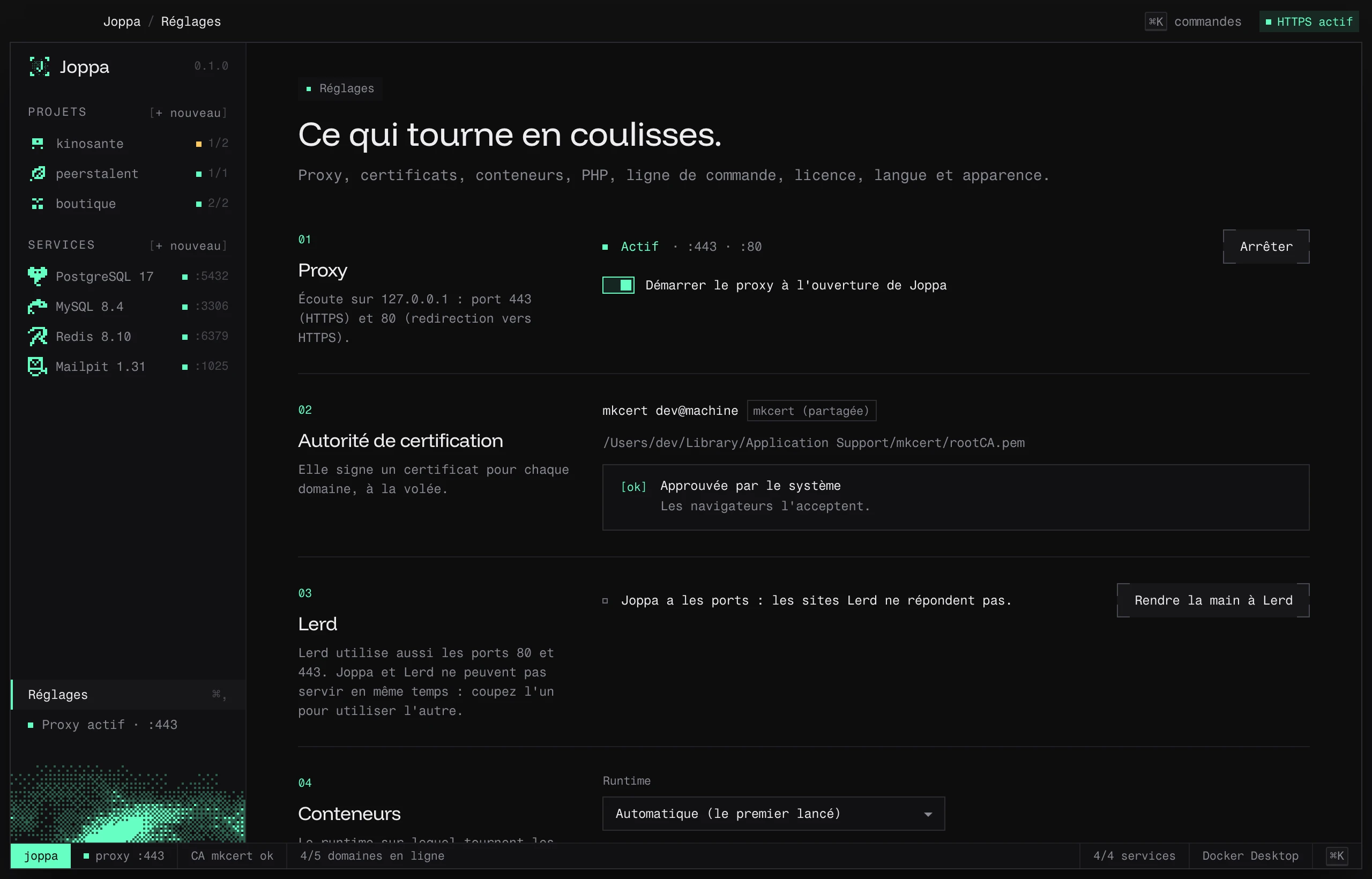 Les Réglages de Joppa : proxy, autorité de certification, Lerd, conteneurs…