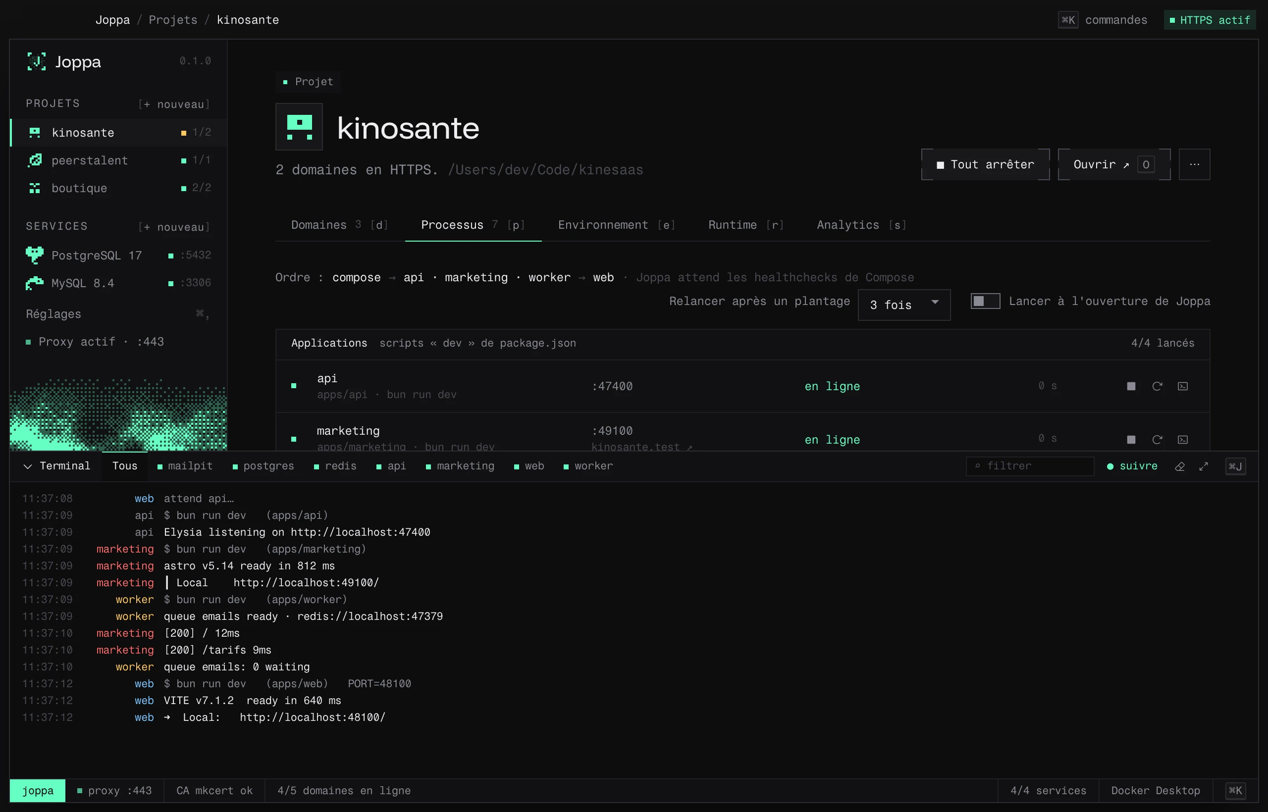 Le terminal intégré ouvert sur tous les processus, chacun avec sa couleur