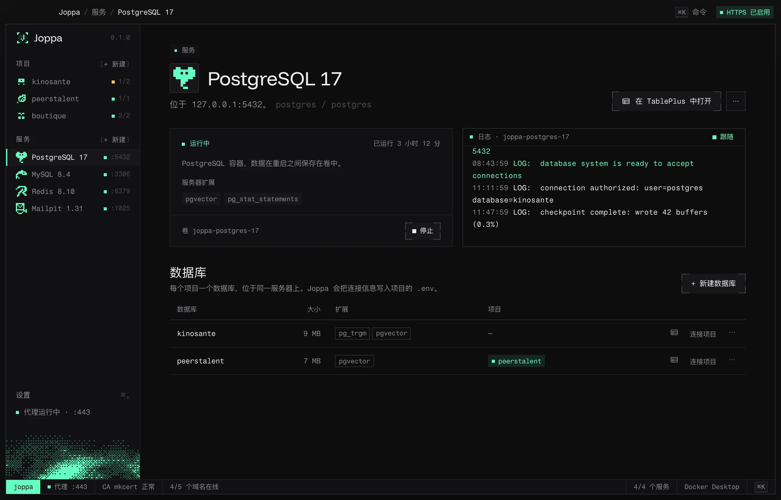 PostgreSQL 17 页面:状态、服务器扩展、日志和各项目的数据库