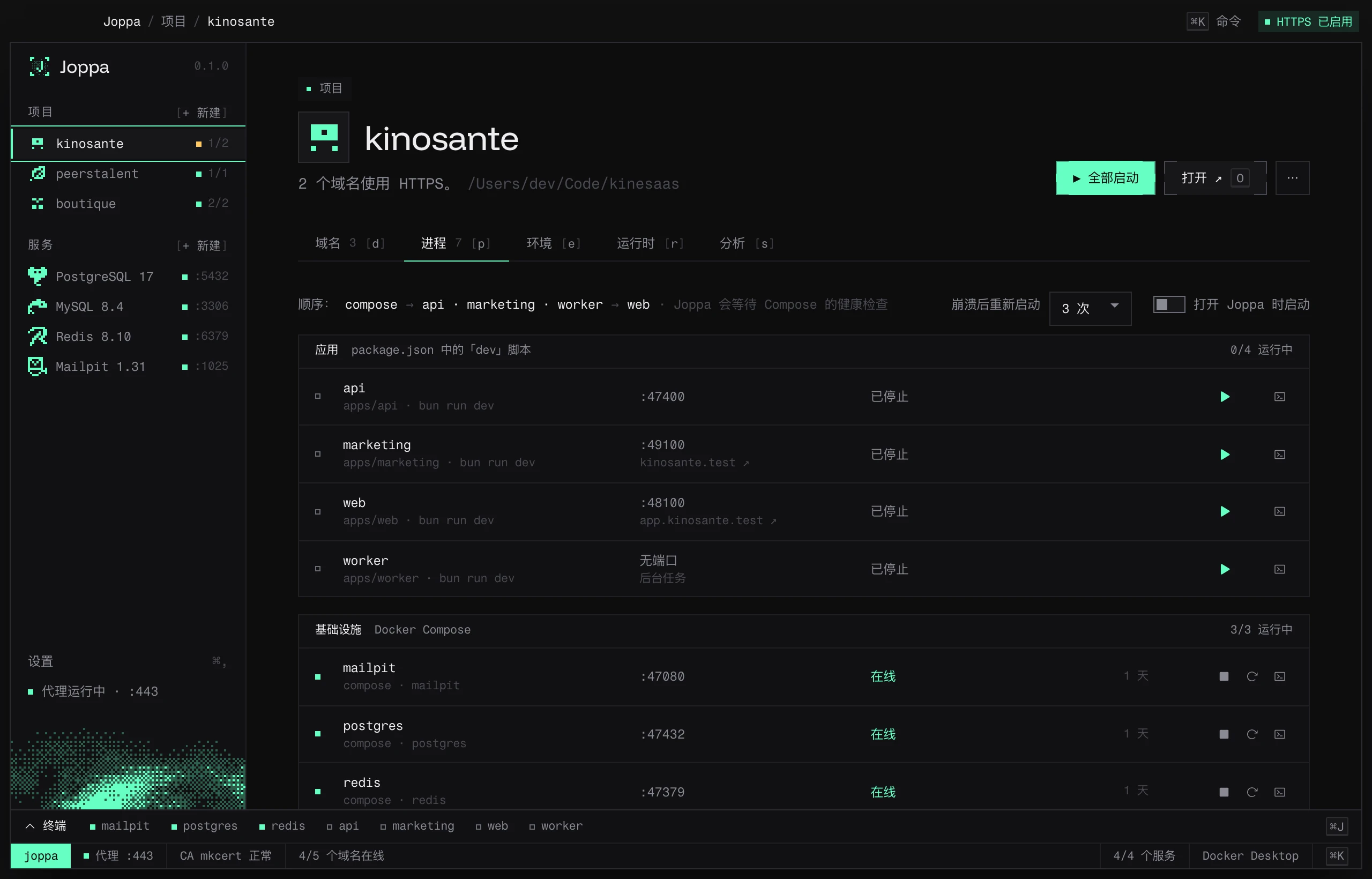 进程标签页:应用和 Docker Compose 基础设施,以及它们的端口和状态